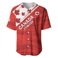 Red Canada-themed rugby baseball jersey, V-neck with snap buttons and maple leaf graphics