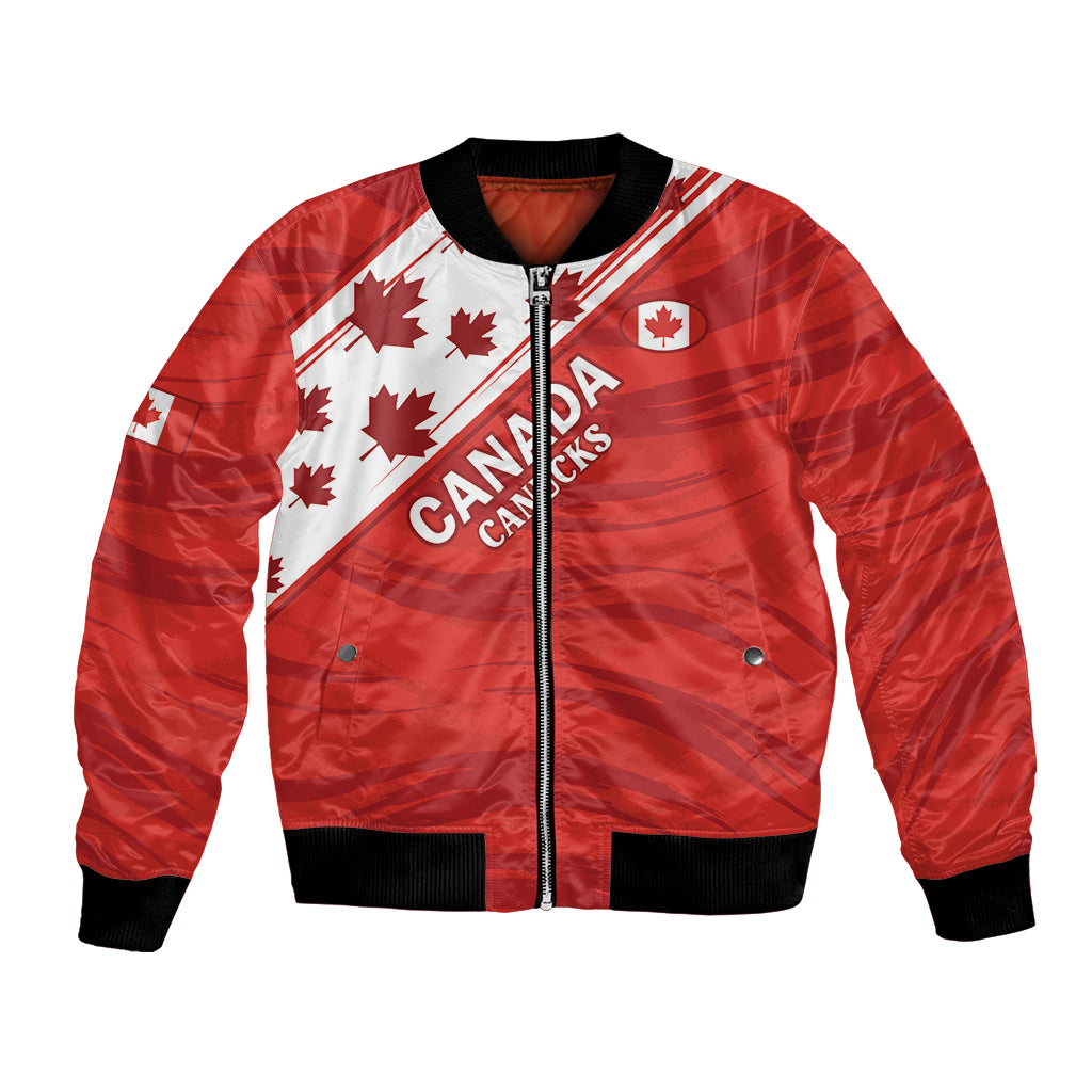 Red unisex bomber jacket with full zip, black ribbed cuffs, Canada flag diagonal graphic