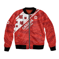 Red unisex bomber jacket with full zip, black ribbed cuffs, Canada flag diagonal graphic