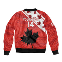 Red bomber jacket back with maple leaf, number 14, black ribbed hem and YOUR TEXT