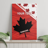 Red canvas wall art with YOUR TEXT and CANUCKS maple leaf graphic, front view