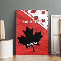 Red canvas wall art with YOUR TEXT and CANUCKS maple leaf graphic, angled view