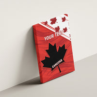 Red canvas wall art with CANUCKS logo, YOUR TEXT, maple leafs, side angle
