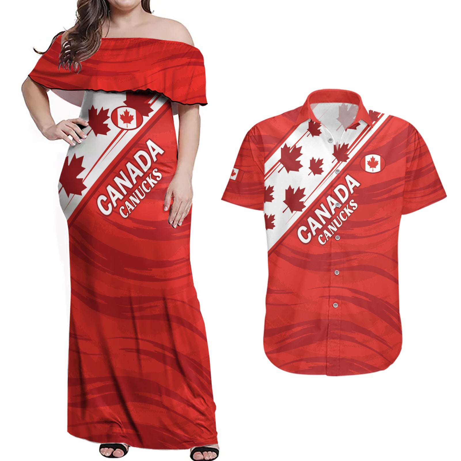 Custom Canada Rugby Couples Matching Off Shoulder Maxi Dress and Hawaiian Shirt 2024 Pacific Go Canucks - Wonder Print Shop