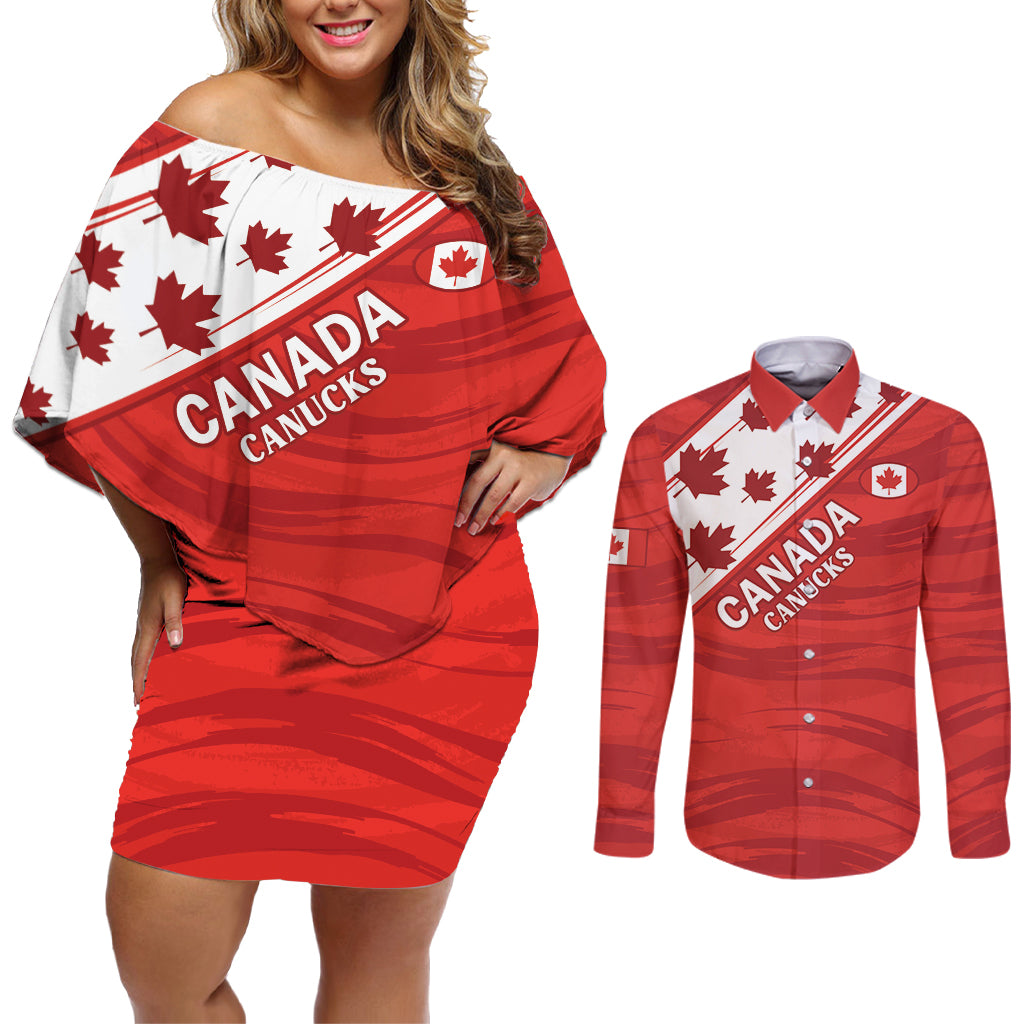 Custom Canada Rugby Couples Matching Off Shoulder Short Dress and Long Sleeve Button Shirt 2024 Pacific Go Canucks - Wonder Print Shop