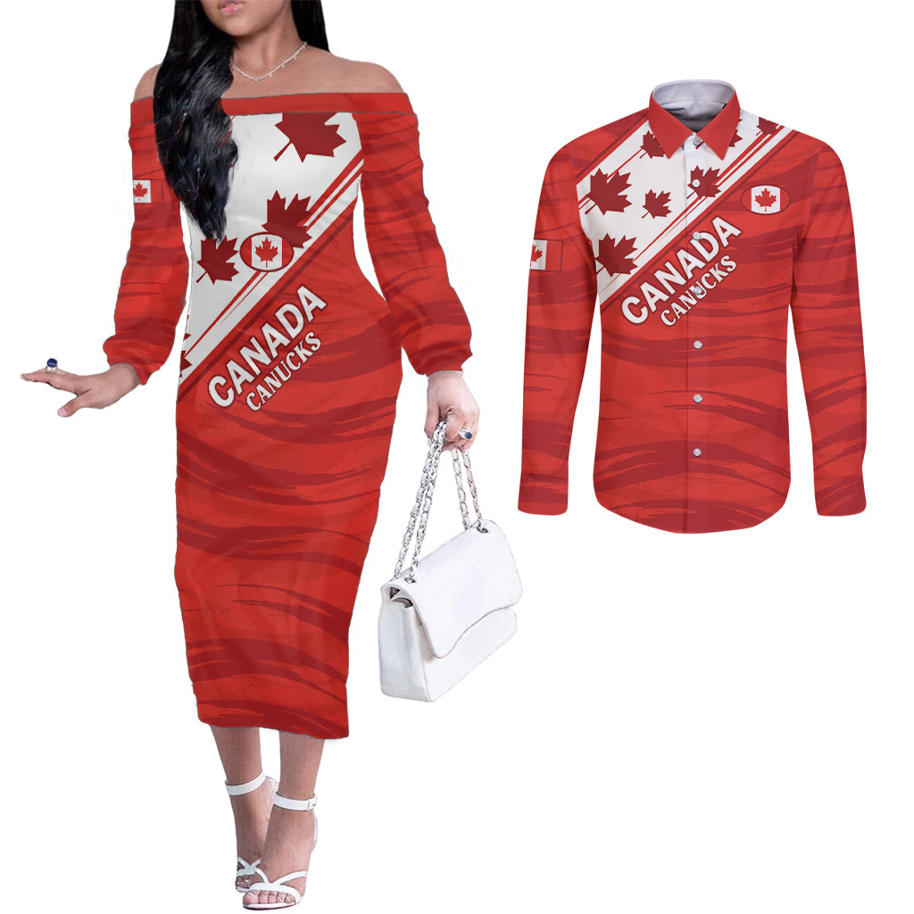 Custom Canada Rugby Couples Matching Off The Shoulder Long Sleeve Dress and Long Sleeve Button Shirt 2024 Pacific Go Canucks