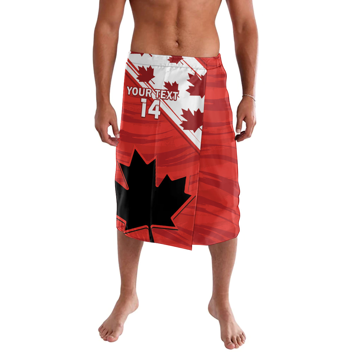 Red knee-length graphic wrap skirt with maple leaf pattern and number 14