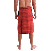 Red knee-length graphic wrap skirt with plaid lines and black side panel