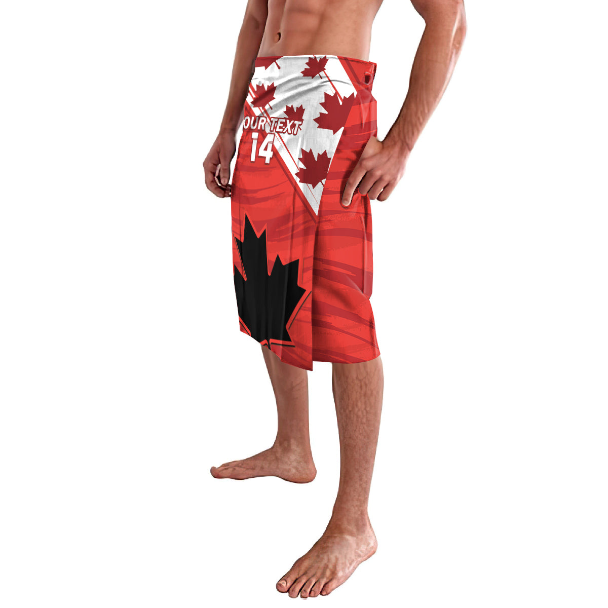 Red knee-length graphic wrap skirt with maple leaf graphics and number 14, front