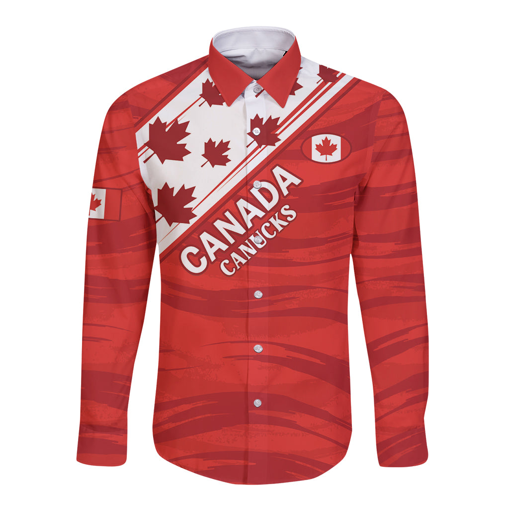 Red rugby button shirt with Canada maple leaf graphics and CANADA CANUCKS front print