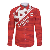 Red rugby button shirt with Canada maple leaf graphics and CANADA CANUCKS front print
