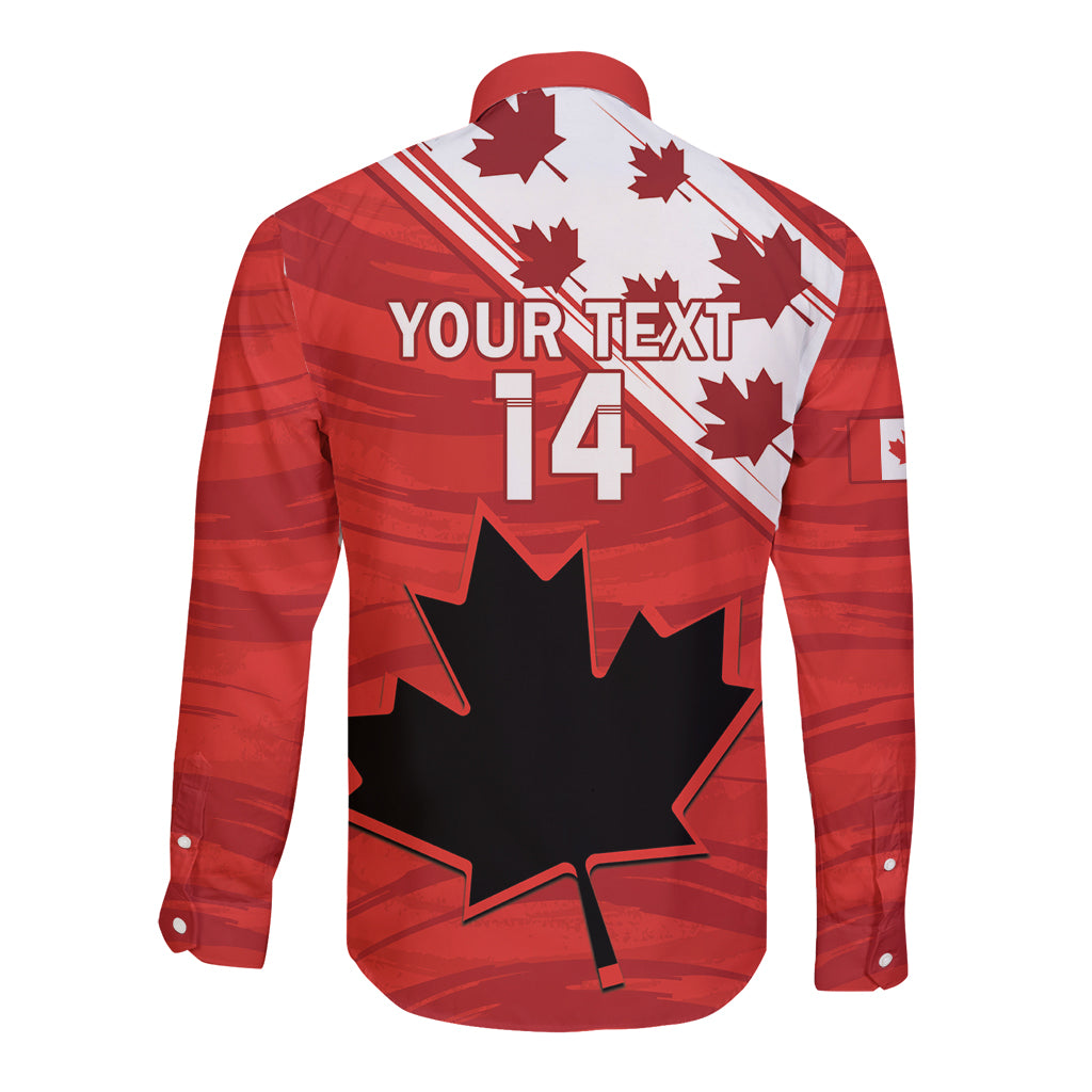 Red rugby long-sleeve shirt back with YOUR TEXT 14, black star and maple leaf decals