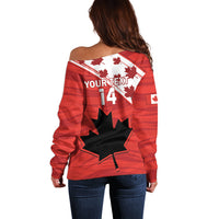 Women’s red off-shoulder sweater back with YOURTEXT 14 and maple leaf graphics