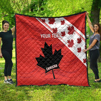 Red custom quilt featuring white maple pattern, black Canucks leaf-star, and 'YOUR TEXT'