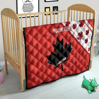 Red quilt blanket with white Canada maples, black Canucks leaf-star, and 'YOUR TEXT'