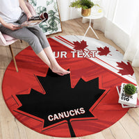 Red round rug, black maple leaf with CANUCKS lettering, YOUR TEXT across top stripe