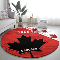 Red round rug with black maple leaf, CANUCKS text and YOUR TEXT on white stripe