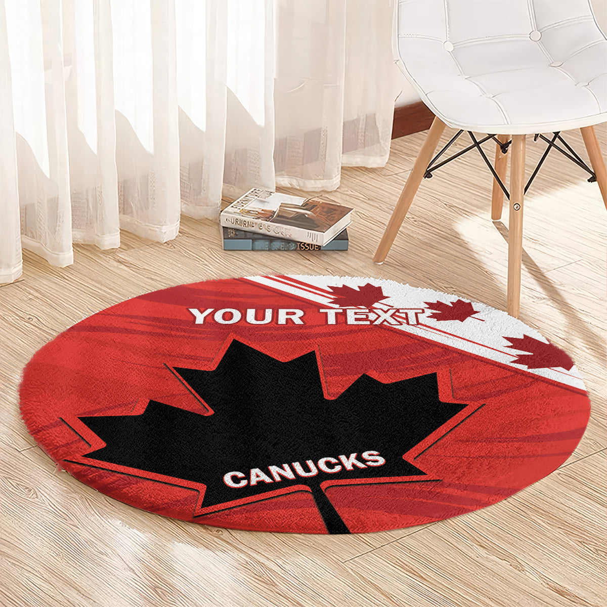 Red round rug with black maple leaf and CANUCKS text, YOUR TEXT on white stripe