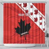 Red shower curtain with diagonal flag stripe, Your Text and Canucks