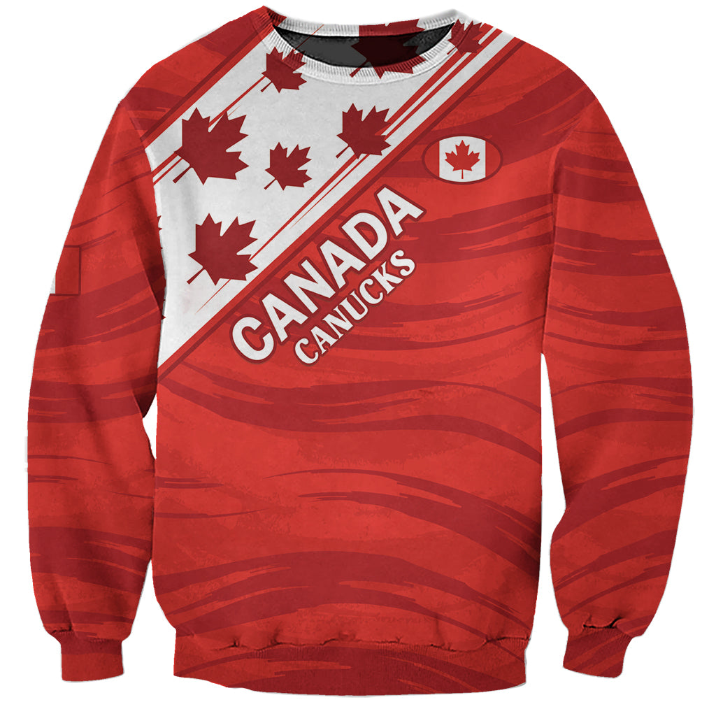 Red Canada rugby sweatshirt with white maple leaf and sleeve logo graphic, crew neck