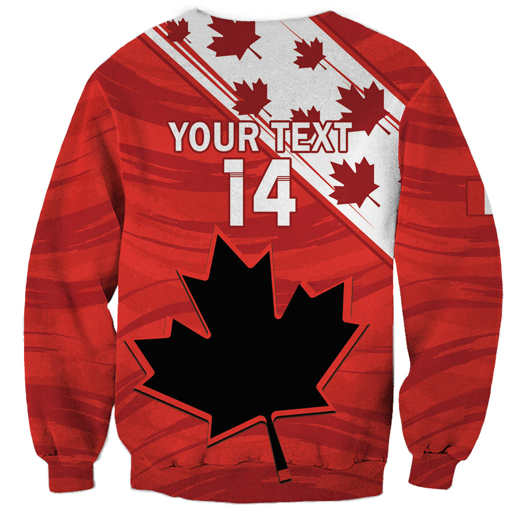 Red sweatshirt with large black maple leaf, YOUR TEXT, and 14 front print