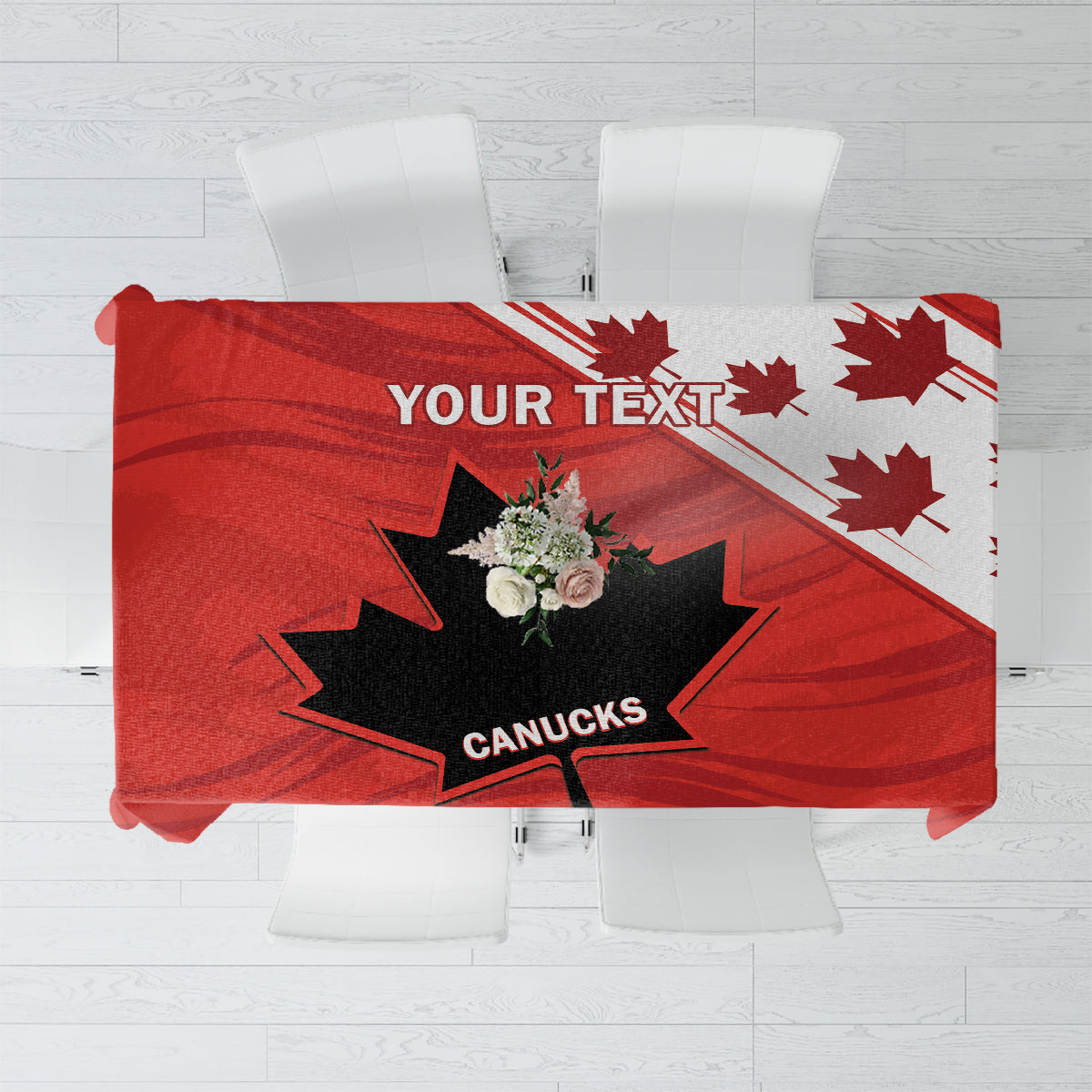 Red tablecloth with Canucks logo and maple leaf design