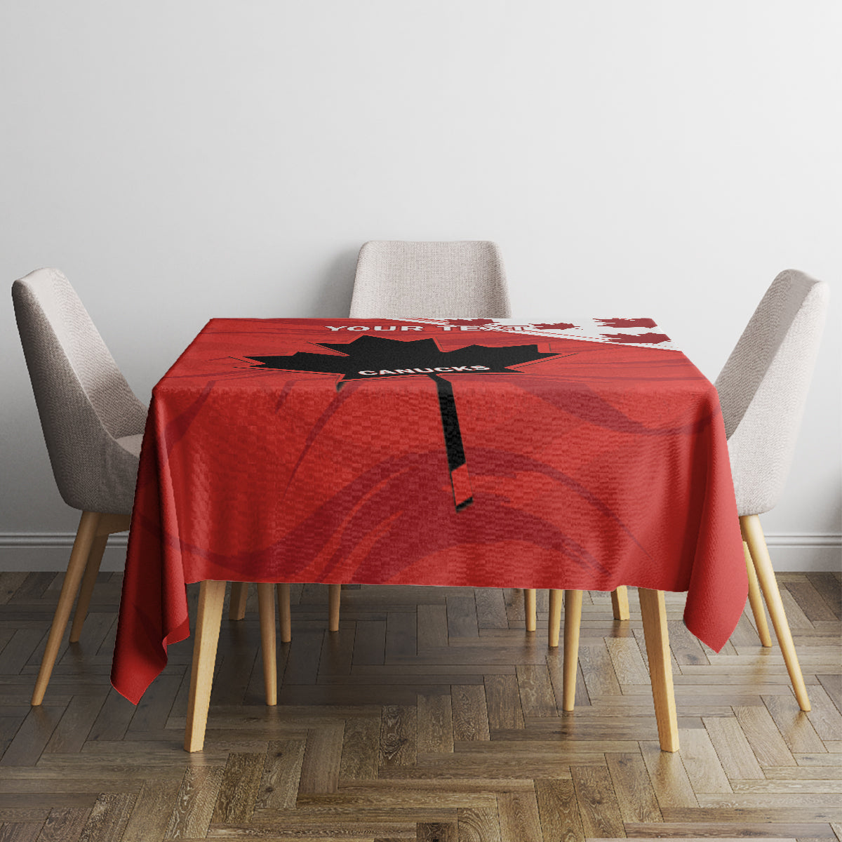 Red tablecloth on table with centered black stripe and YOUR TEXT