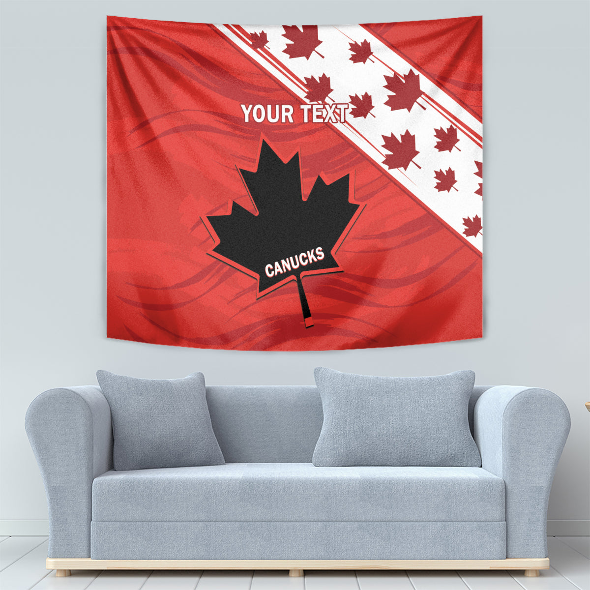 Red Canada rugby tapestry with CANUCKS emblem and diagonal white stripe with maple leaves