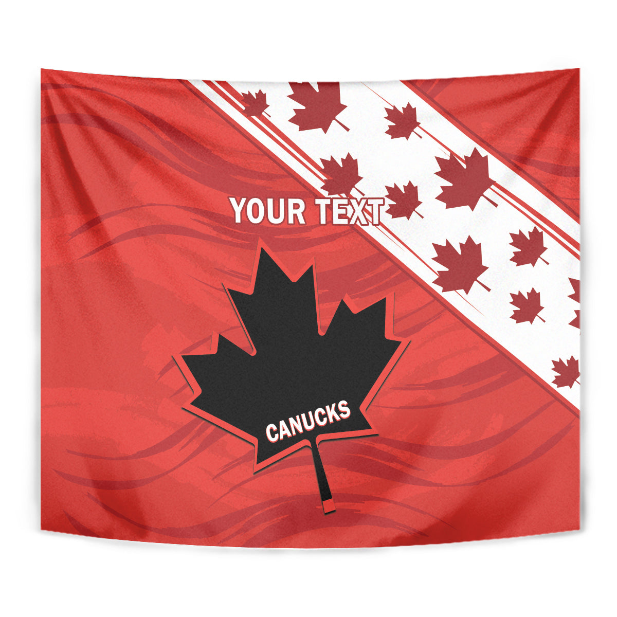 Red Canada rugby tapestry with CANUCKS emblem and diagonal white maple leaf stripe