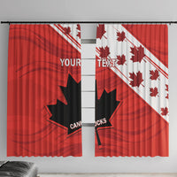 Red two-panel window curtain with Canada rugby flag graphic and custom text panels.