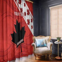 Red two-panel window curtain with Canada maple leaf and rugby emblem print, custom text.