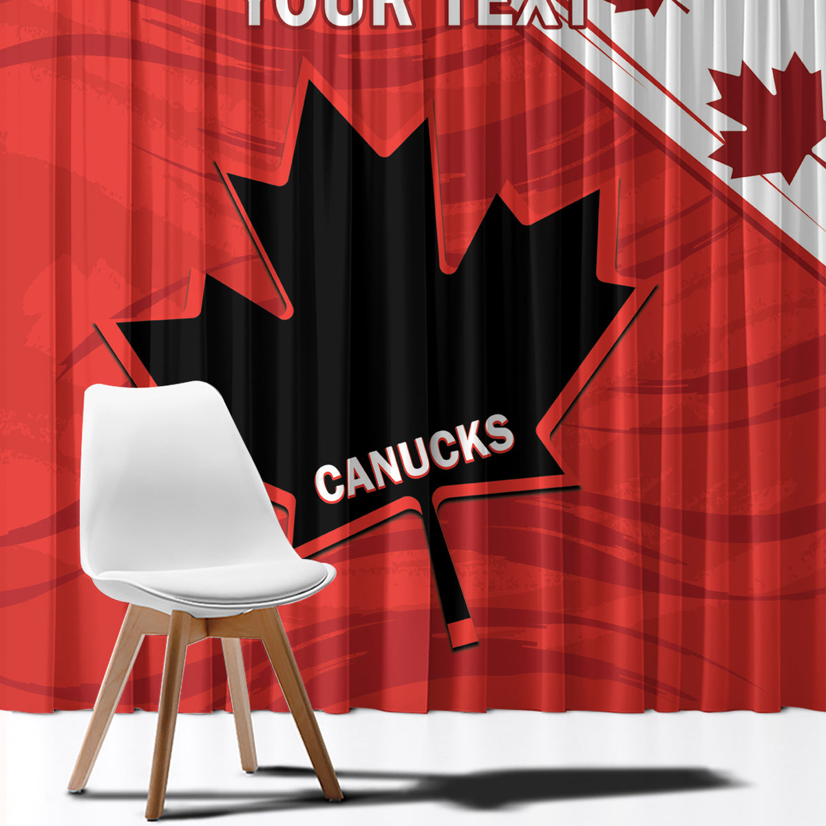 Red window curtain close-up with black rugby emblem, maple leaves, and custom text.