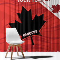 Red window curtain close-up with black rugby emblem, maple leaves, and custom text.