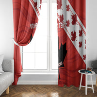 Red two-panel window curtain with Canada flag rugby design and custom text panels.