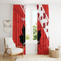 Red two-panel window curtain with Canada rugby flag graphic, black emblem, and custom text.