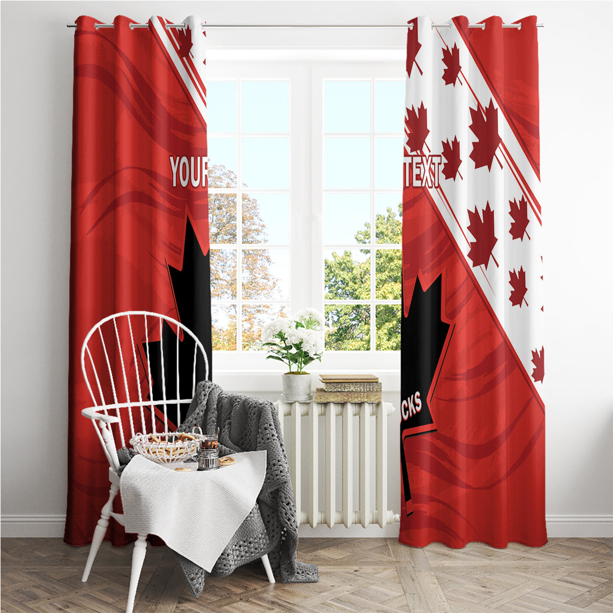 Red two-panel window curtain with Canada flag rugby print and custom text, full hang.