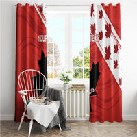 Red two-panel window curtain with Canada flag rugby print and custom text, full hang.