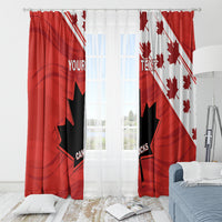 Red two-panel window curtain set with Canada rugby flag print and custom text across panels.