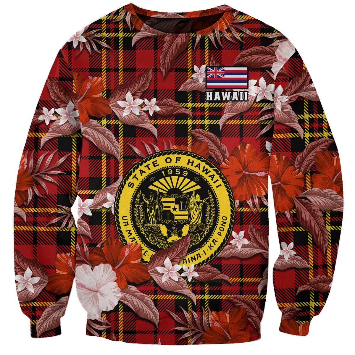 Red unisex sweatshirt with tropical flowers, plaid tartan and Hawaii state crest graphic