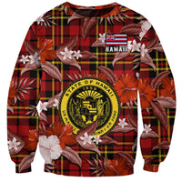 Red unisex sweatshirt with tropical flowers, plaid tartan and Hawaii state crest graphic