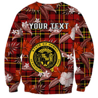 Red unisex sweatshirt back with tropical flowers, plaid tartan, Hawaii crest and 'YOUR TEXT'