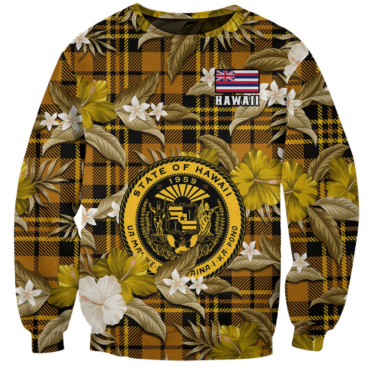 Unisex gold and black sweatshirt with tropical leaves, white flowers, and Hawaii crest front