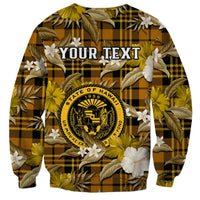 Unisex gold sweatshirt with tropical leaves, Hawaii seal and 'YOUR TEXT' on back
