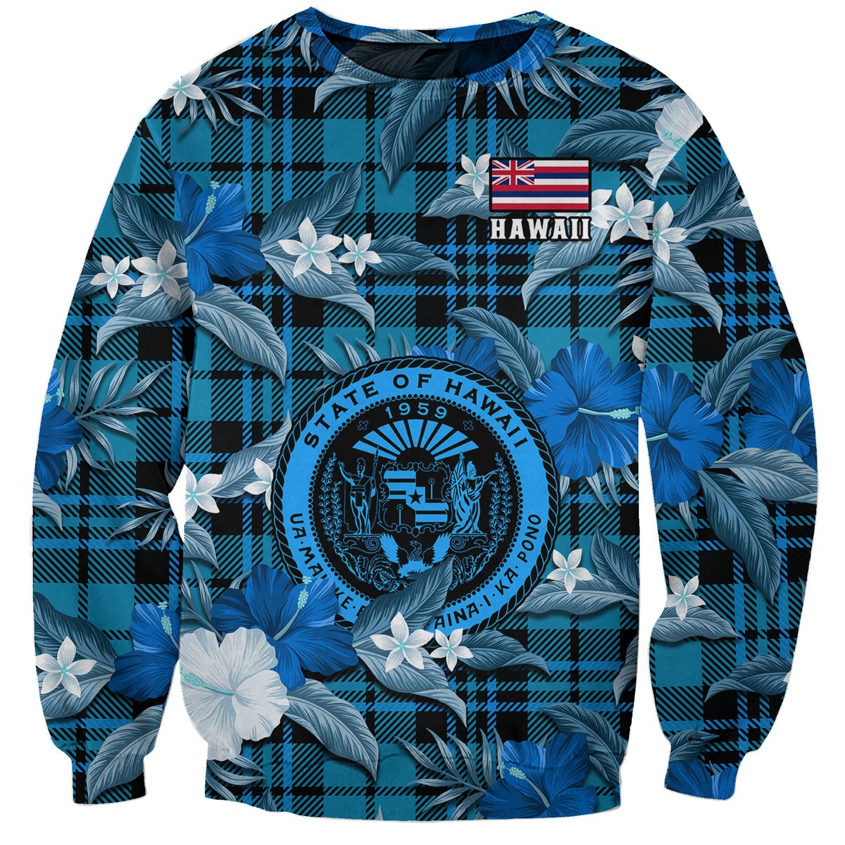 Blue Hawaii sweatshirt with tropical flowers, leaves, tartan plaid, state seal