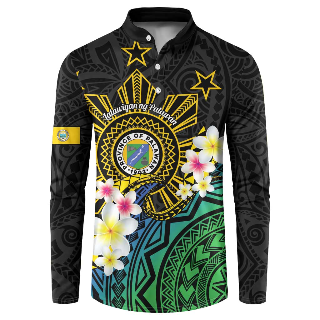 Black button sweatshirt with Palawan emblem and pink-white flowers, long sleeves