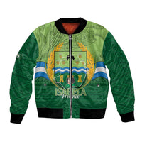 Green bomber jacket with full-zip front, black ribbed collar, and colorful crest graphic