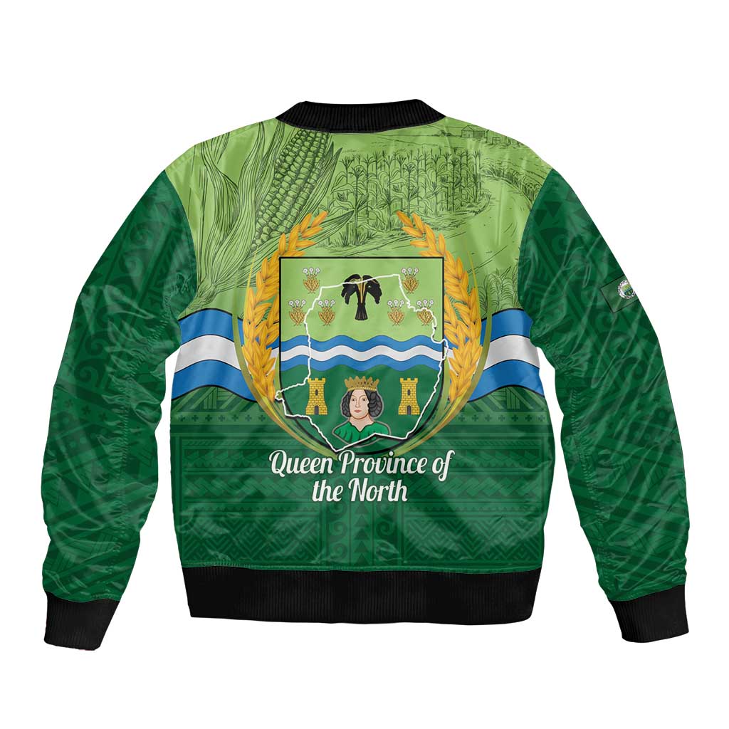 Green bomber jacket back with large crest graphic, 'Queen Province of the North' text