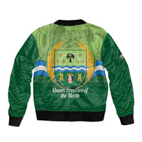 Green bomber jacket back with large crest graphic, 'Queen Province of the North' text