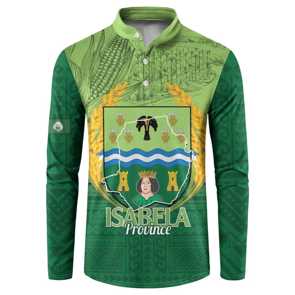 Green button-front sweatshirt with large crest graphic and long sleeves