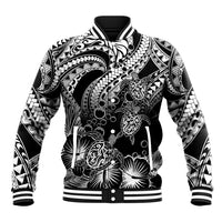 Polynesian baseball jacket, black with white tribal turtle and hibiscus print, ribbed cuffs